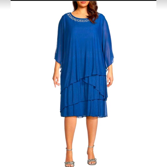 Marina NWOT Plus Size 3/4 Sleeve Embellished Boat Neck Tiered Dress Size 24 - Picture 1 of 11